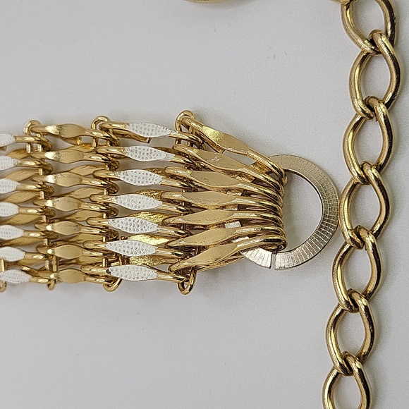 Vintage Wide1.25" Gold Tone & White Enamel Women's Belt - Picture 8 of 16